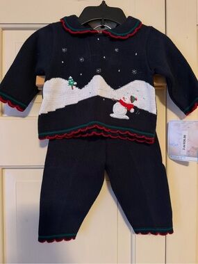 Holiday Navy Knit Snowman Sweater Set - Red & Green Trim